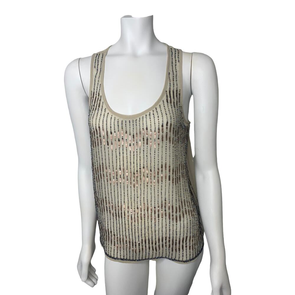Willow & Clay semi sheer beige beaded sequin stripes scoop neck Medium